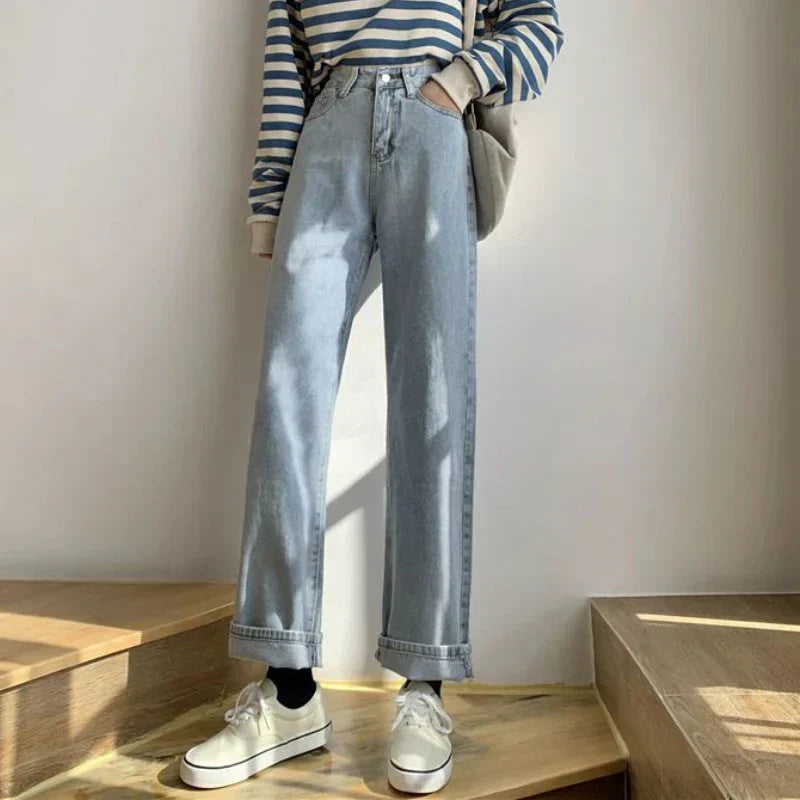 Valenzora | Autumn Spring Jeans Women Denim Trousers Vintage Straight Leg Trousers Fashion Female White Black Solid Color Loose Relaxed Wide Leg Trousers