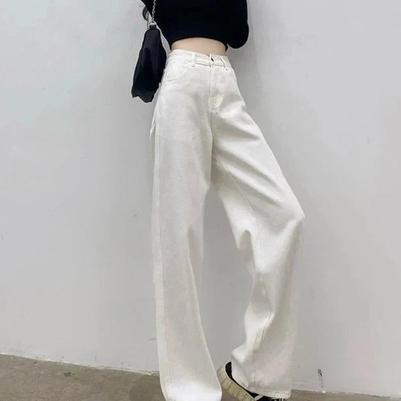Valenzora | Autumn Spring Jeans Women Denim Trousers Vintage Straight Leg Trousers Fashion Female White Black Solid Color Loose Relaxed Wide Leg Trousers