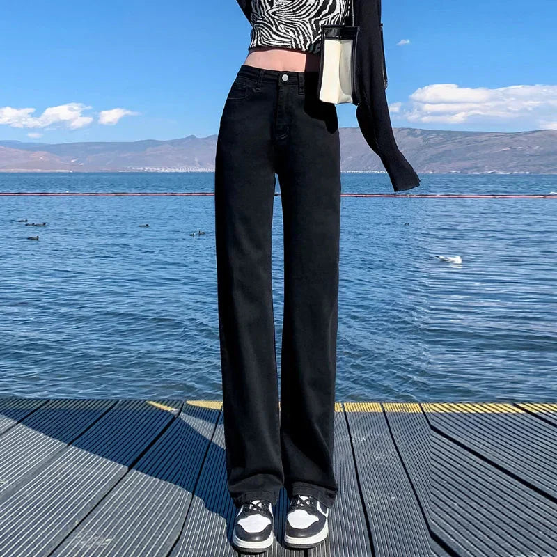 Valenzora | Autumn Spring Jeans Women Denim Trousers Vintage Straight Leg Trousers Fashion Female White Black Solid Color Loose Relaxed Wide Leg Trousers