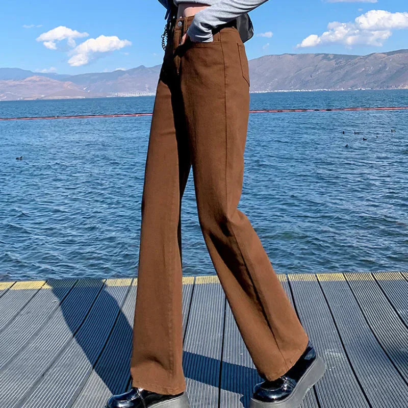 Valenzora | Autumn Spring Jeans Women Denim Trousers Vintage Straight Leg Trousers Fashion Female White Black Solid Color Loose Relaxed Wide Leg Trousers