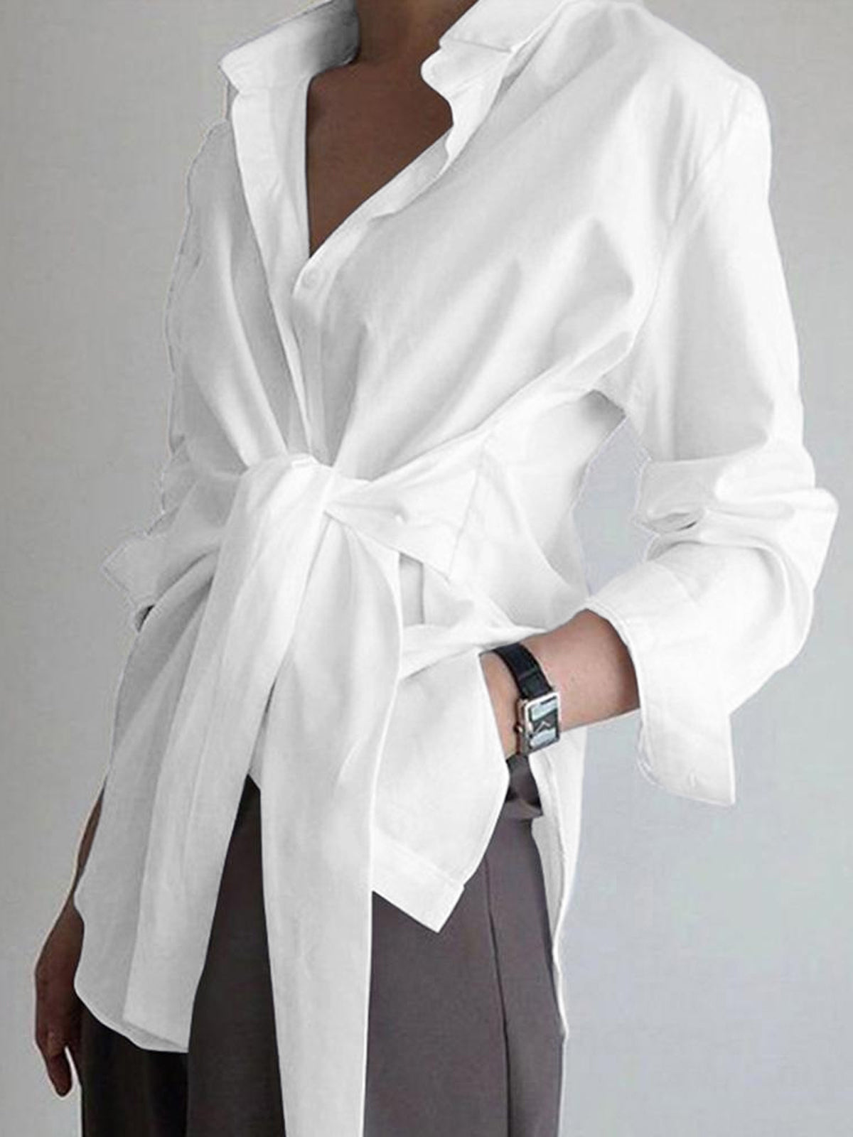 Valenzora | Semi-Sheer Button-Down Tied Long Shirt