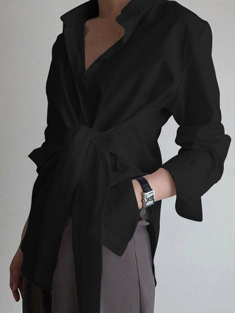 Valenzora | Semi-Sheer Button-Down Tied Long Shirt