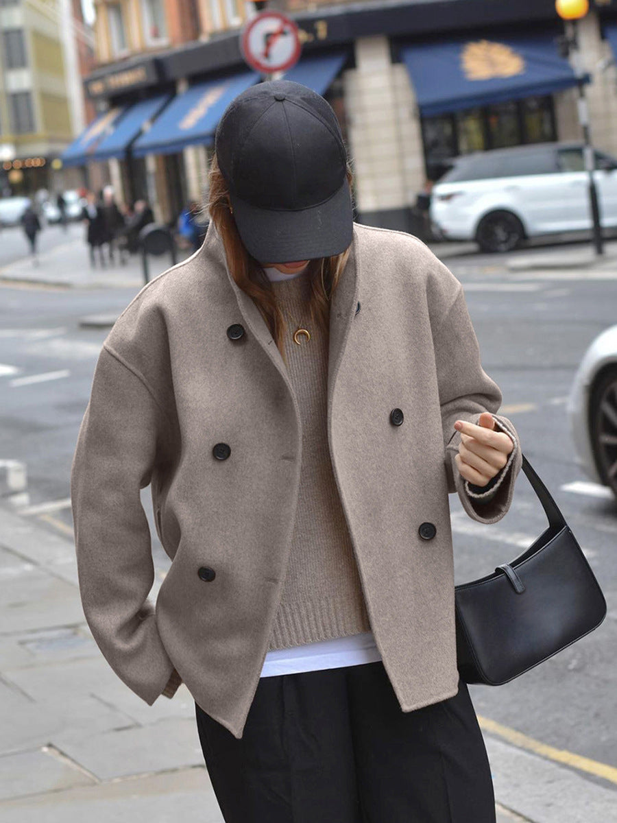 Valenzora | Women's jacket - beige short wool jacket with stand-up collar and button closure