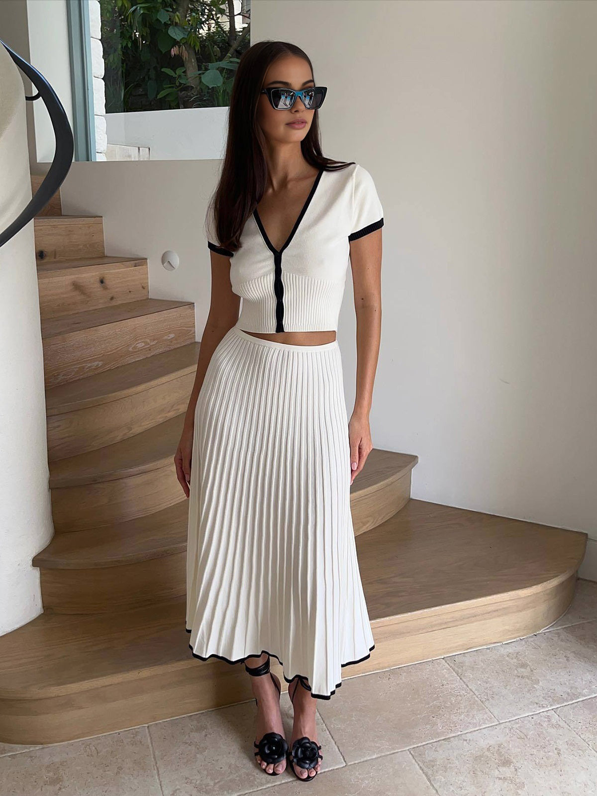 Valenzora | Pullover Skirt Set V-neck Short Sleeve Top Pleated Midi Skirt Knit Fabric