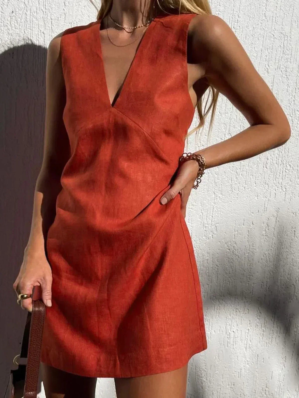 Valenzora | Casual cotton and linen V-neck short dress