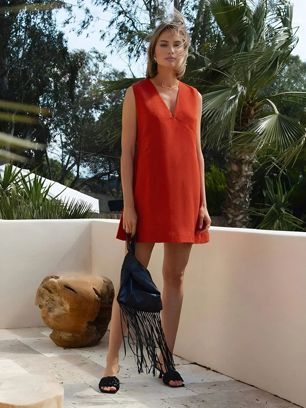 Valenzora | Casual cotton and linen V-neck short dress