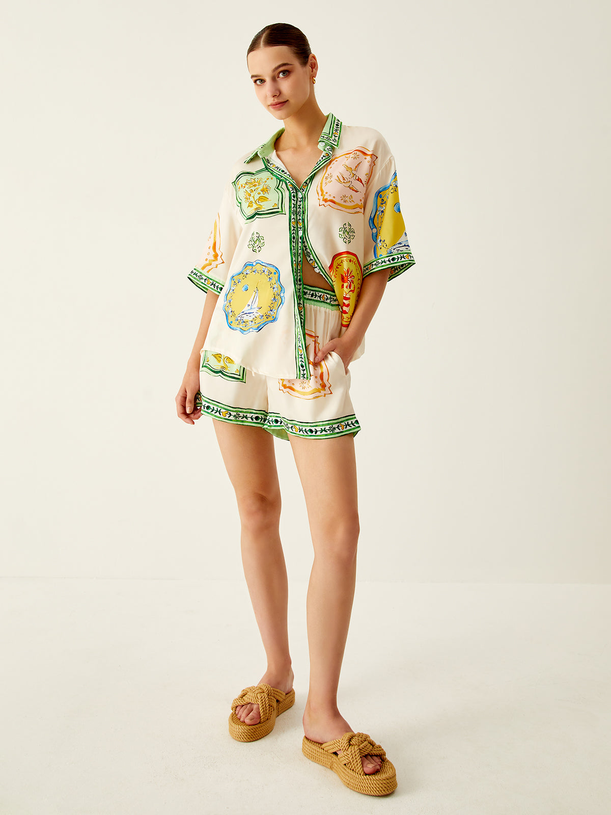 Valenzora | Loose Printed Satin Shorts Set