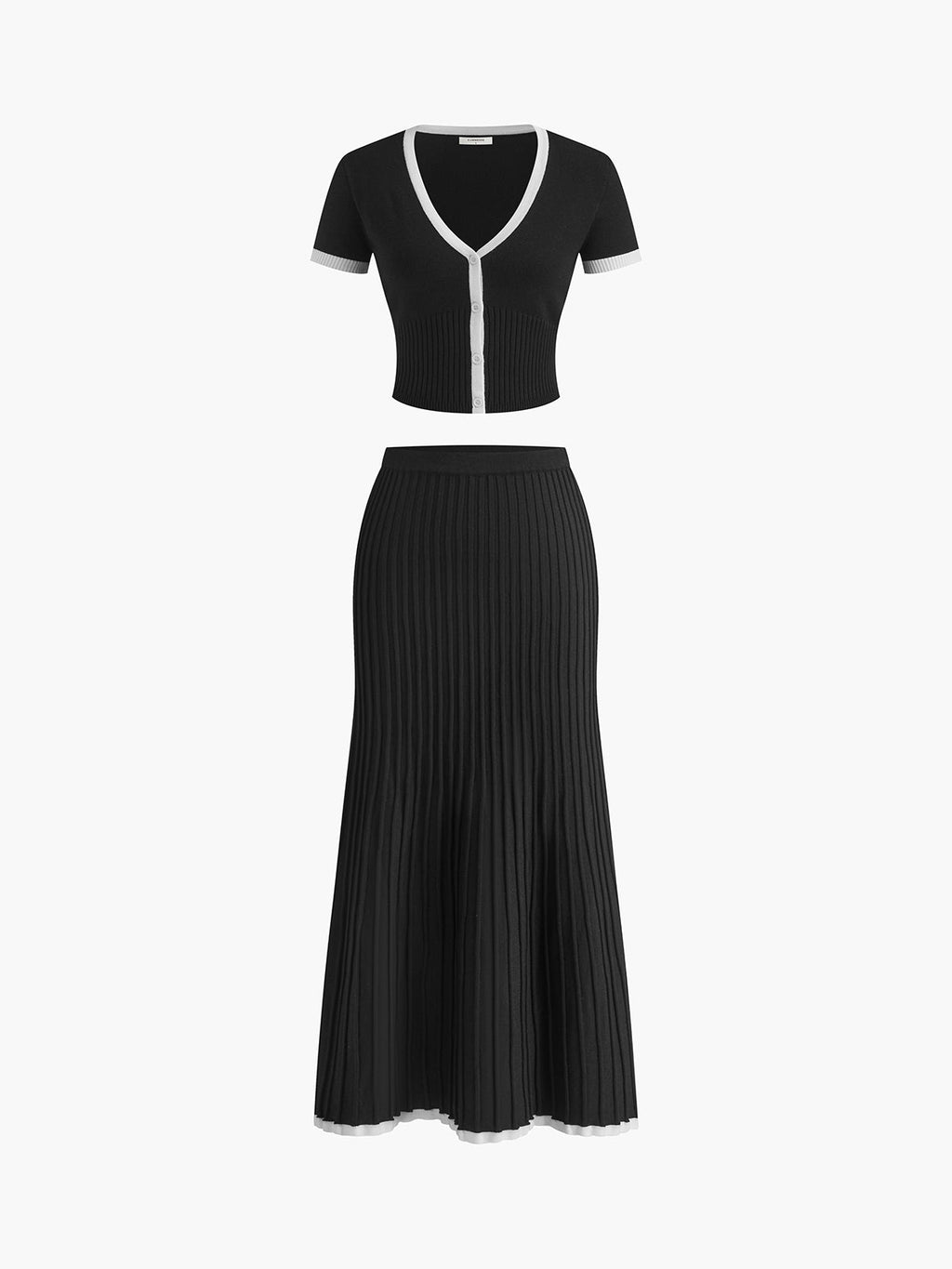Valenzora | Pullover Skirt Set V-neck Short Sleeve Top Pleated Midi Skirt Knit Fabric