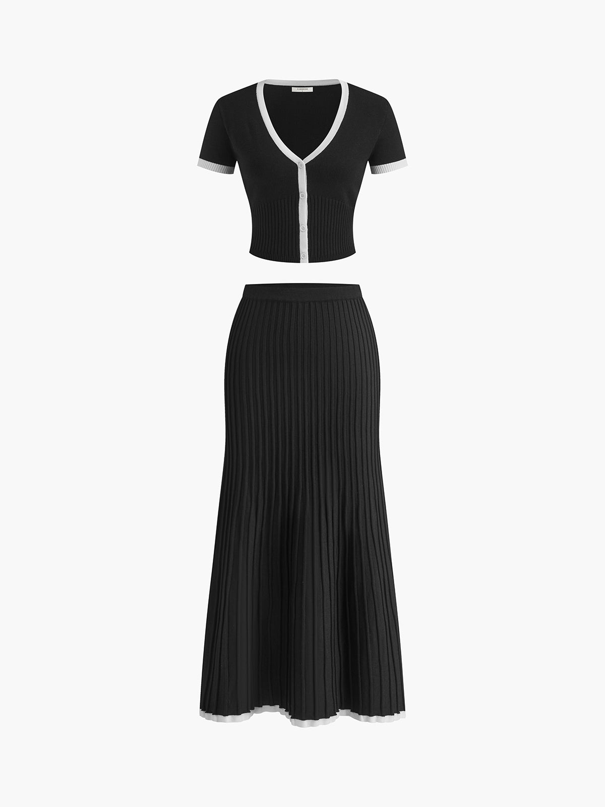 Valenzora | Pullover Skirt Set V-neck Short Sleeve Top Pleated Midi Skirt Knit Fabric