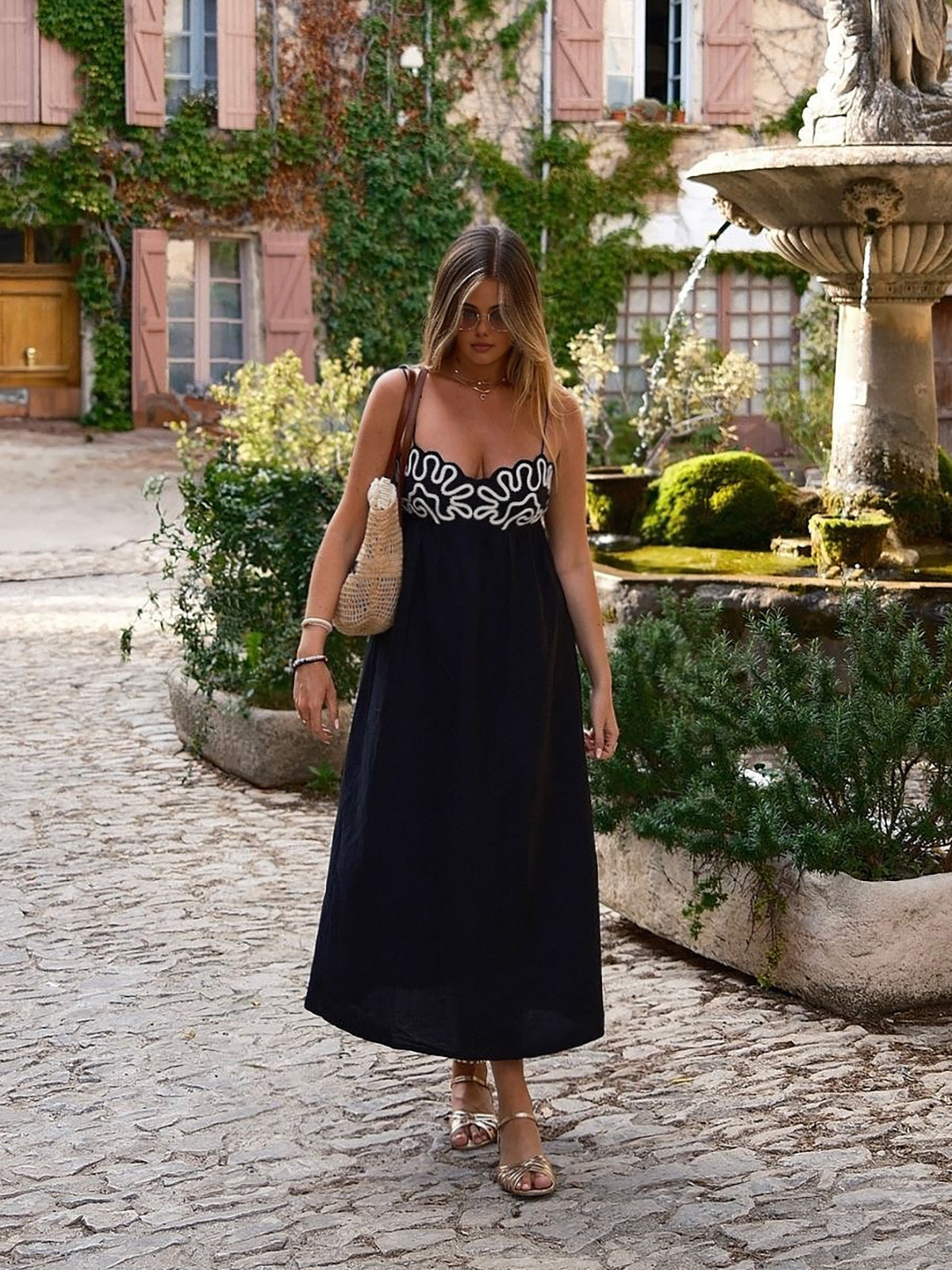 Valenzora | Embroidered ruffled strap long dress