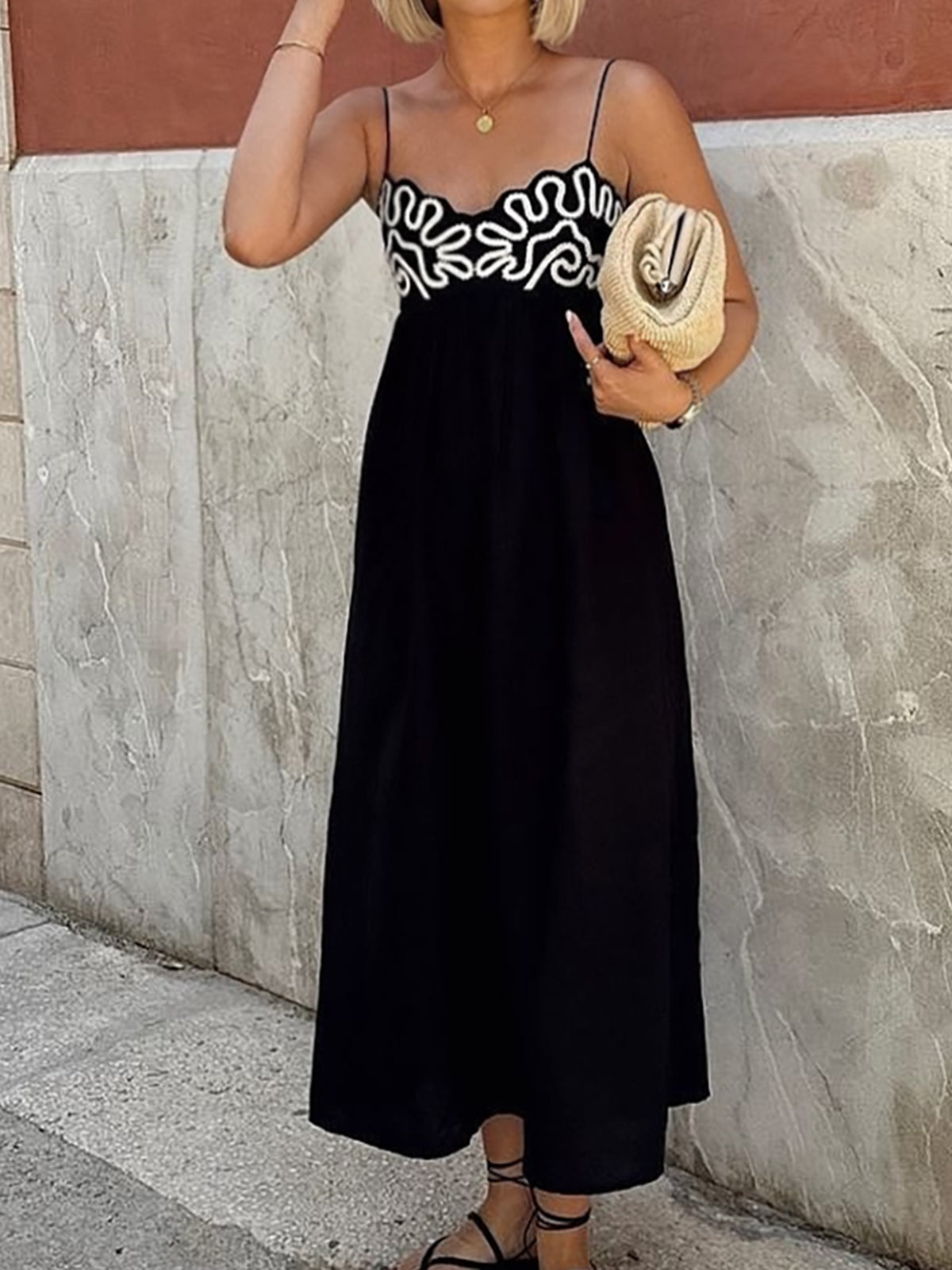 Valenzora | Embroidered ruffled strap long dress