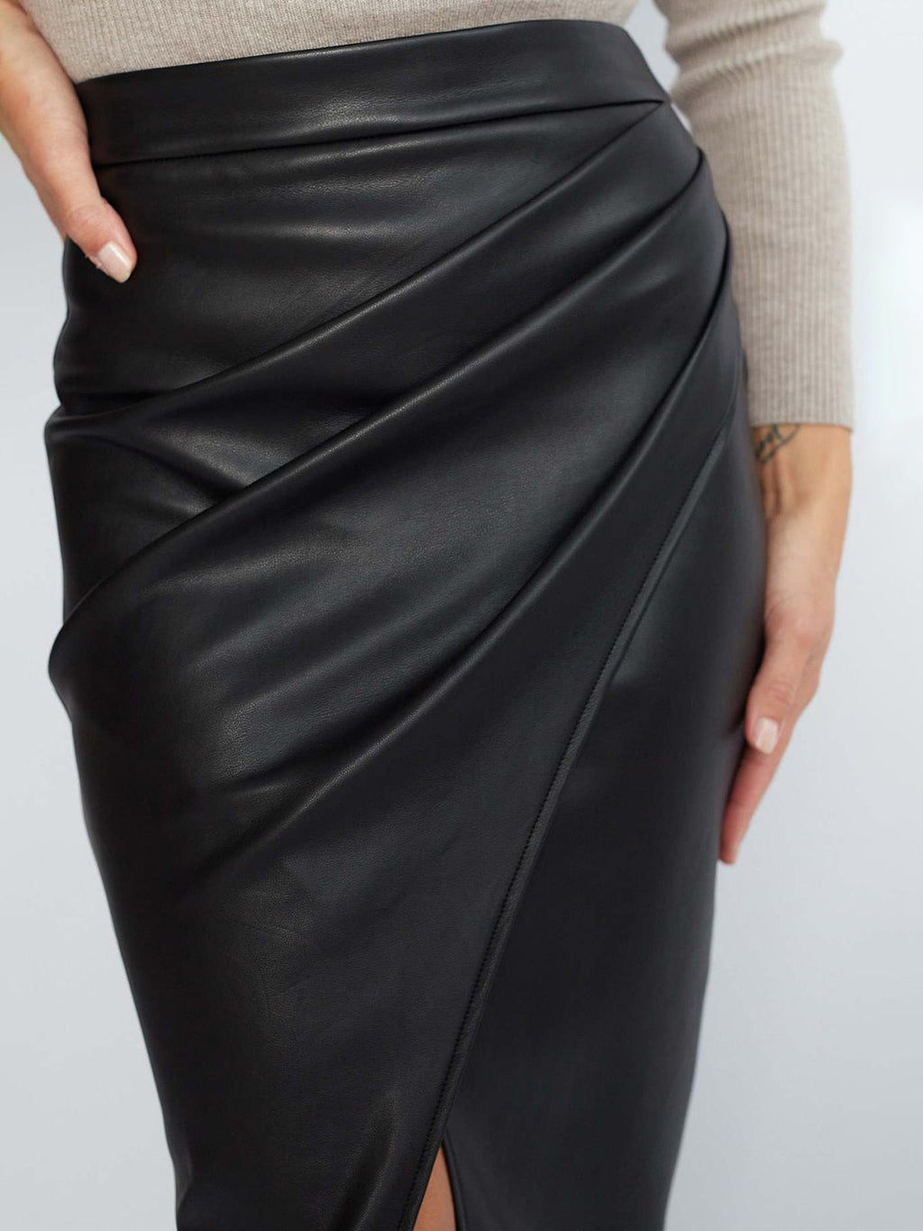 Valenzora | Pleated Split PU Leather Skirt for Women