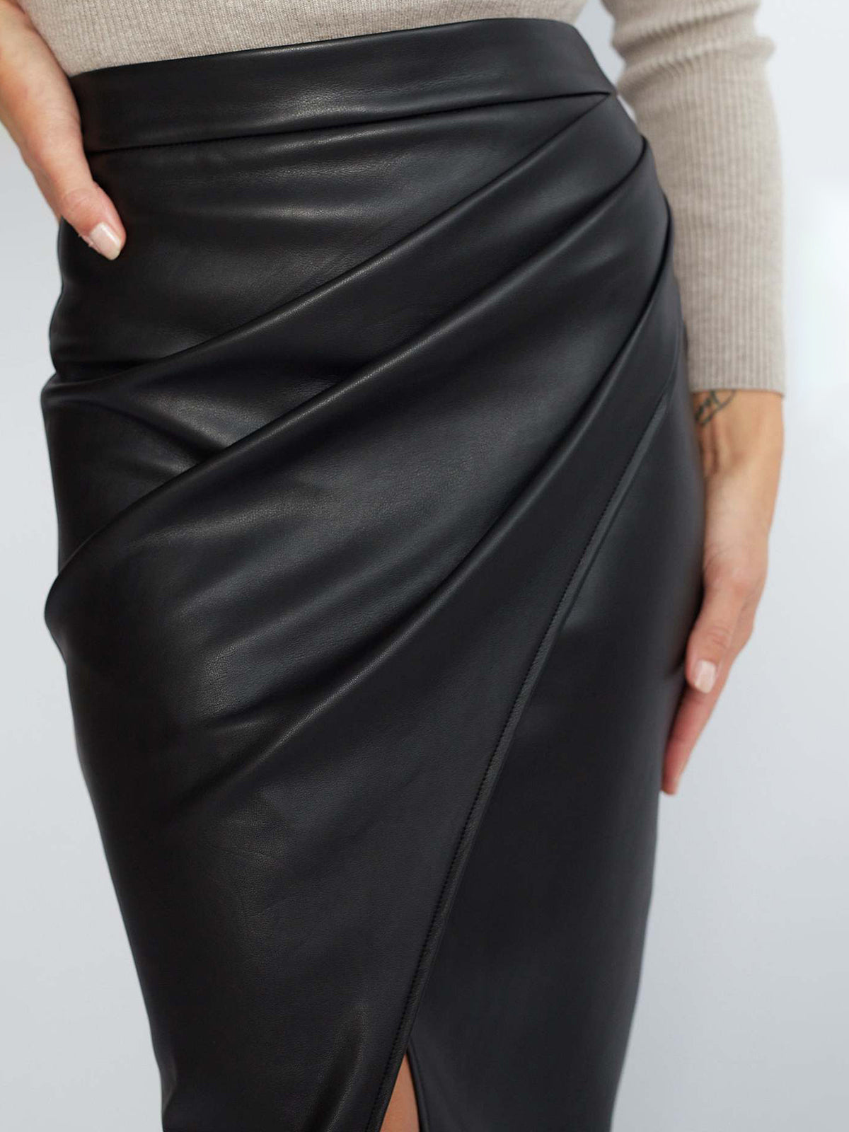 Valenzora | Pleated Split PU Leather Skirt for Women