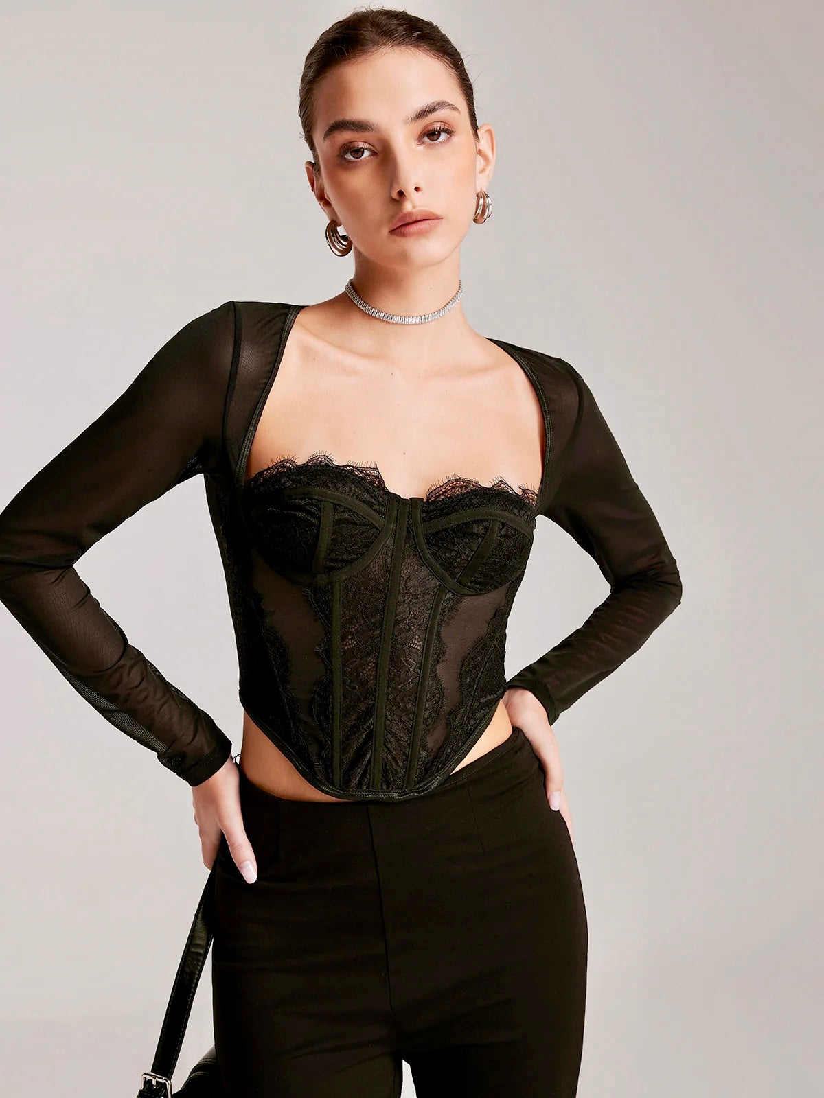 Valenzora | Sheer Long-Sleeved Heart Neck Lace Skinny T-Shirt