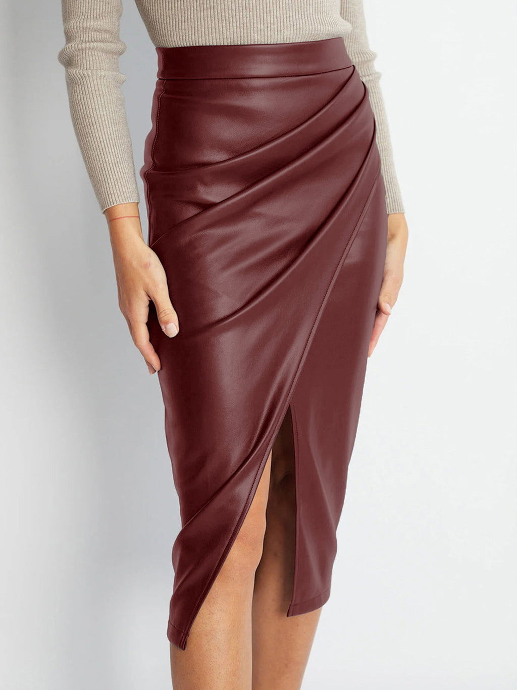 Valenzora | Pleated Split PU Leather Skirt for Women
