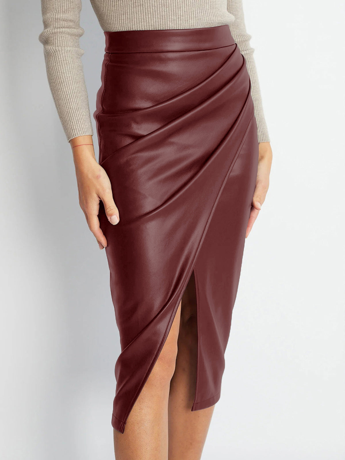 Valenzora | Pleated Split PU Leather Skirt for Women