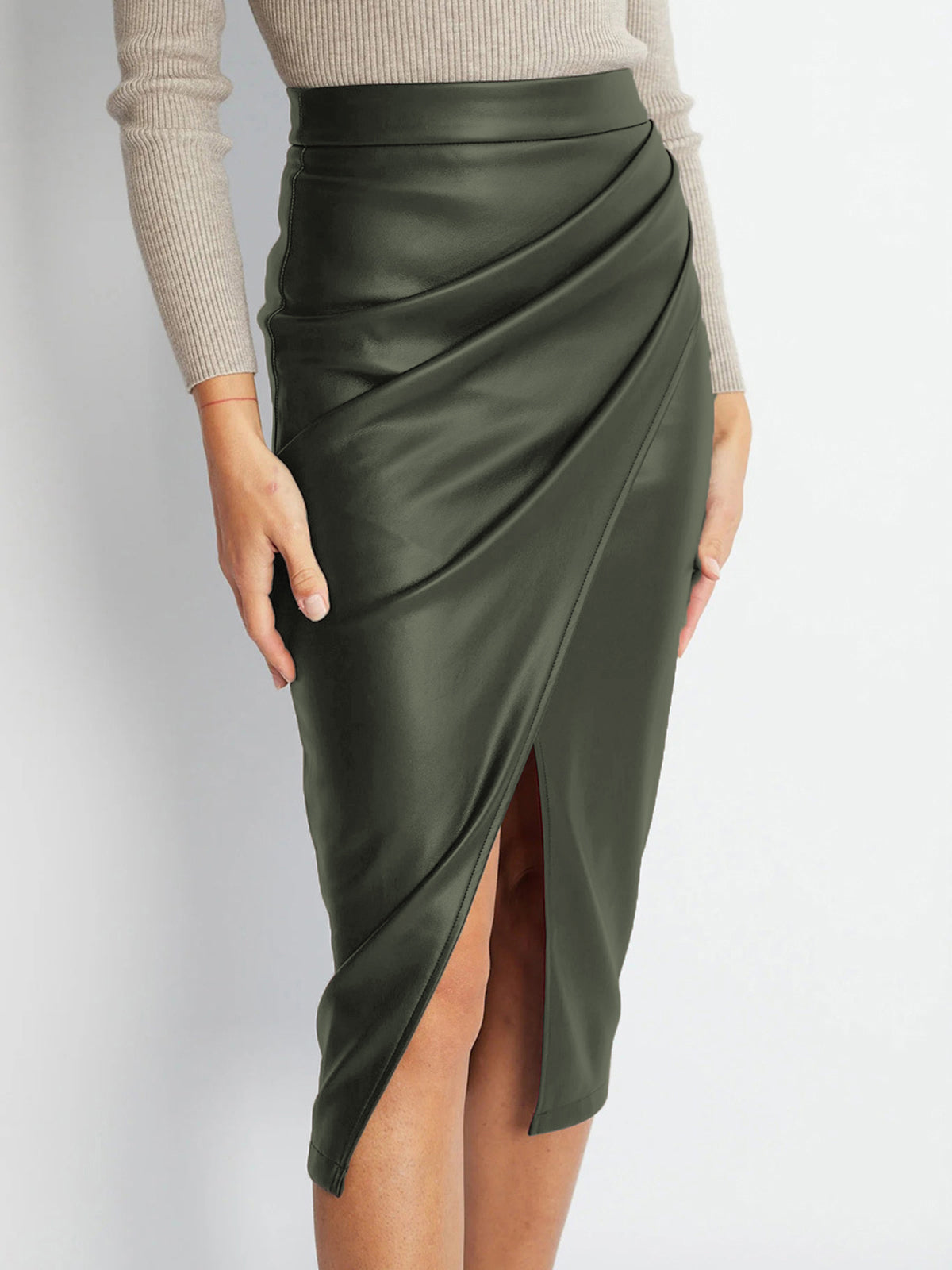 Valenzora | Pleated Split PU Leather Skirt for Women