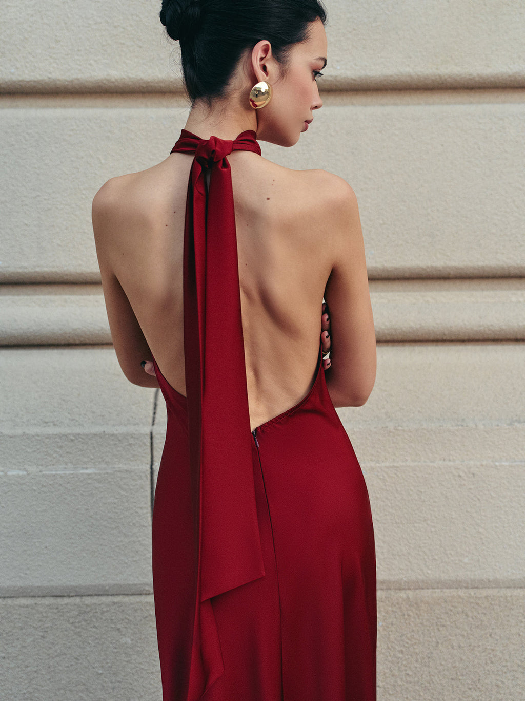 Valenzora | Open Back Satin Halter Dress