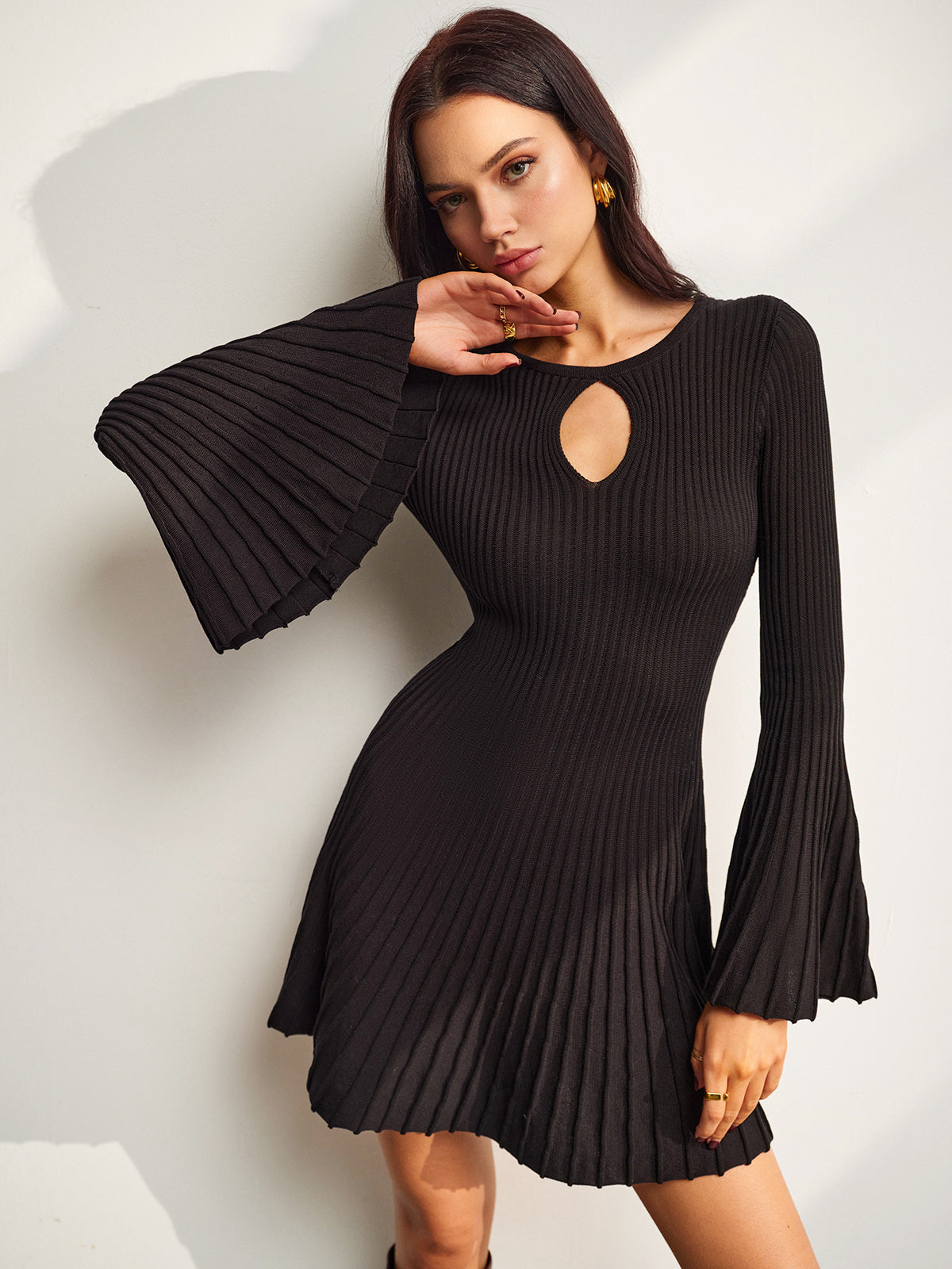 Valenzora | Keyhole neckline bell sleeve sweater dress