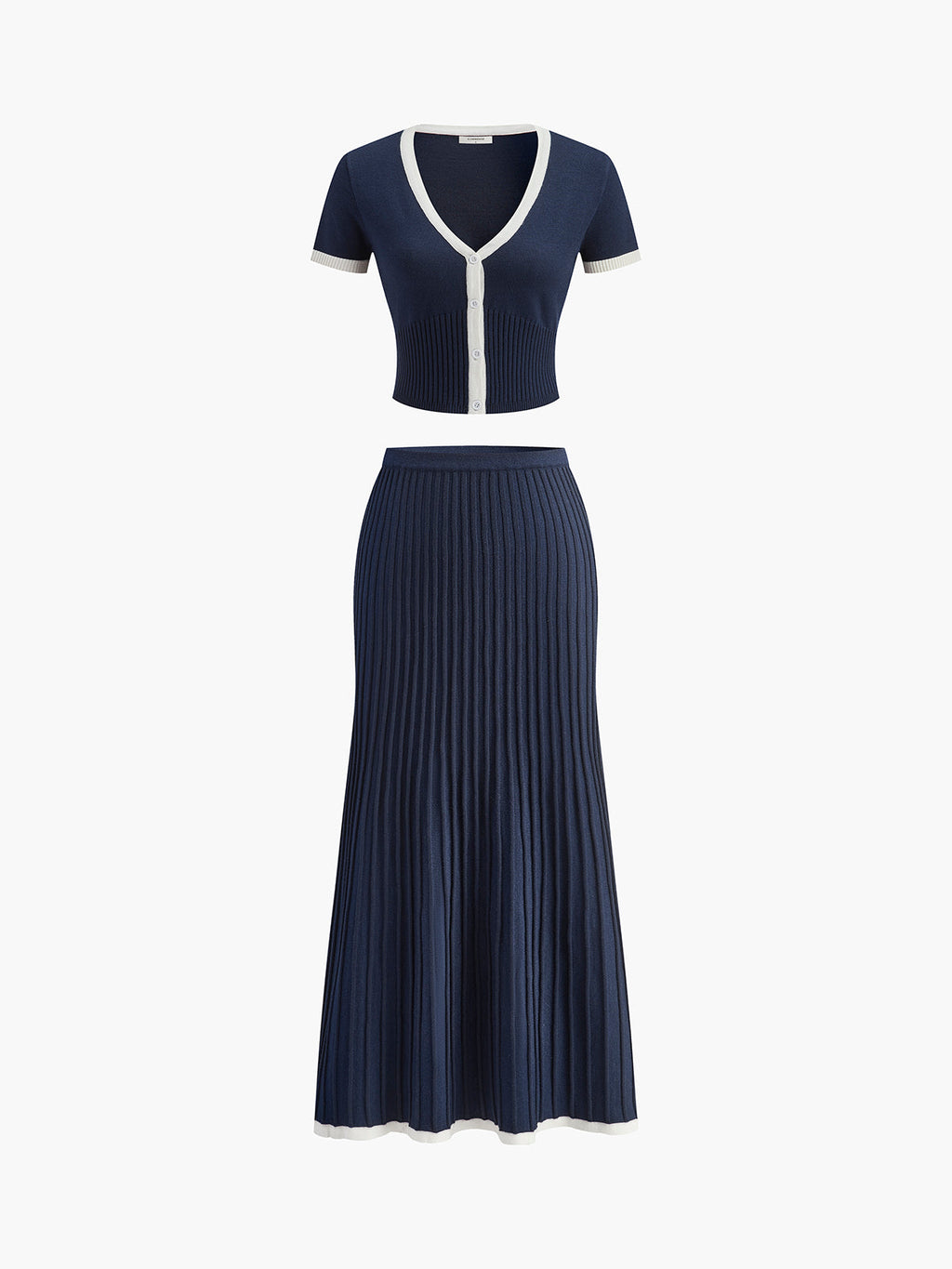 Valenzora | Pullover Skirt Set V-neck Short Sleeve Top Pleated Midi Skirt Knit Fabric