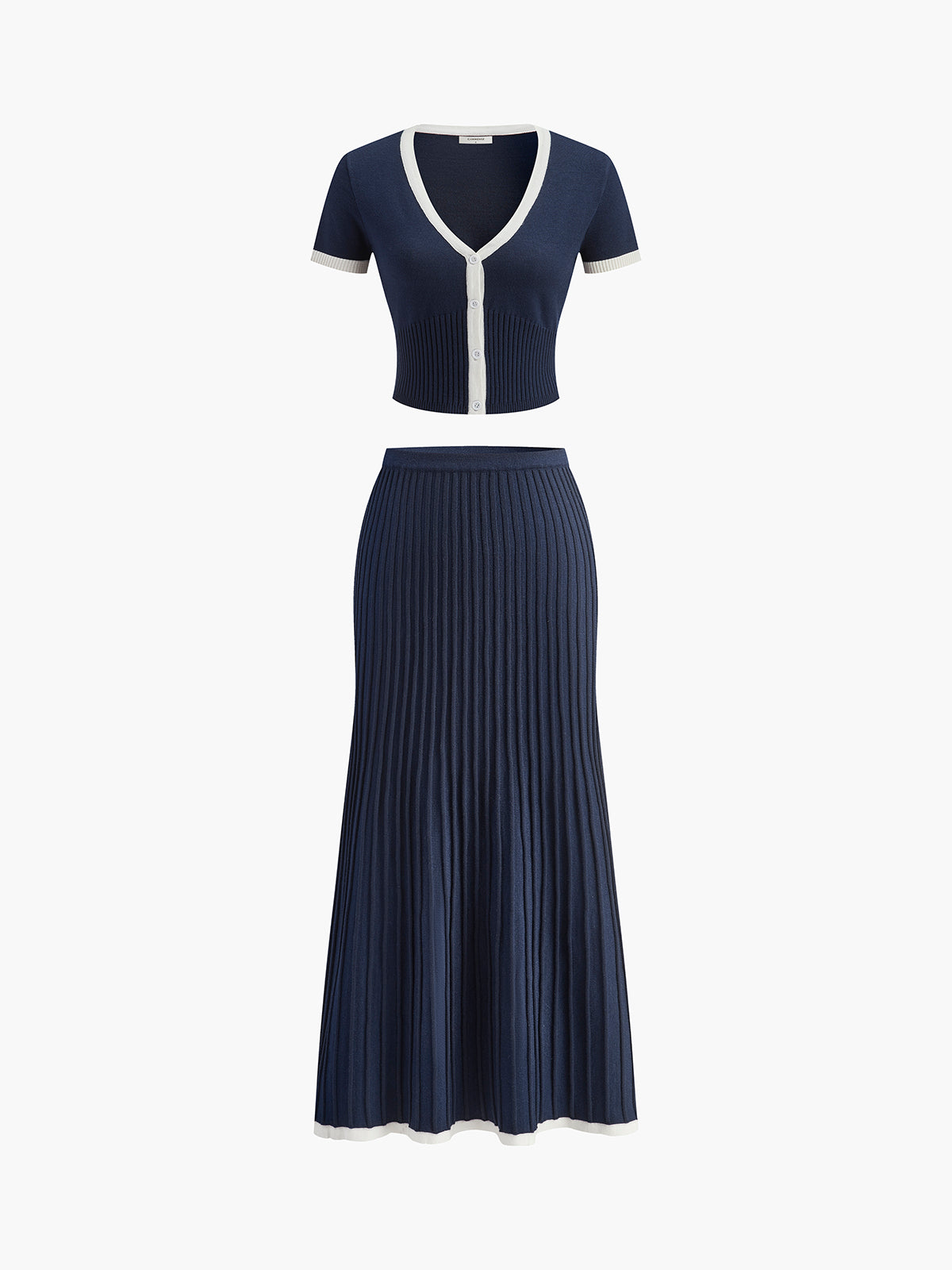 Valenzora | Pullover Skirt Set V-neck Short Sleeve Top Pleated Midi Skirt Knit Fabric