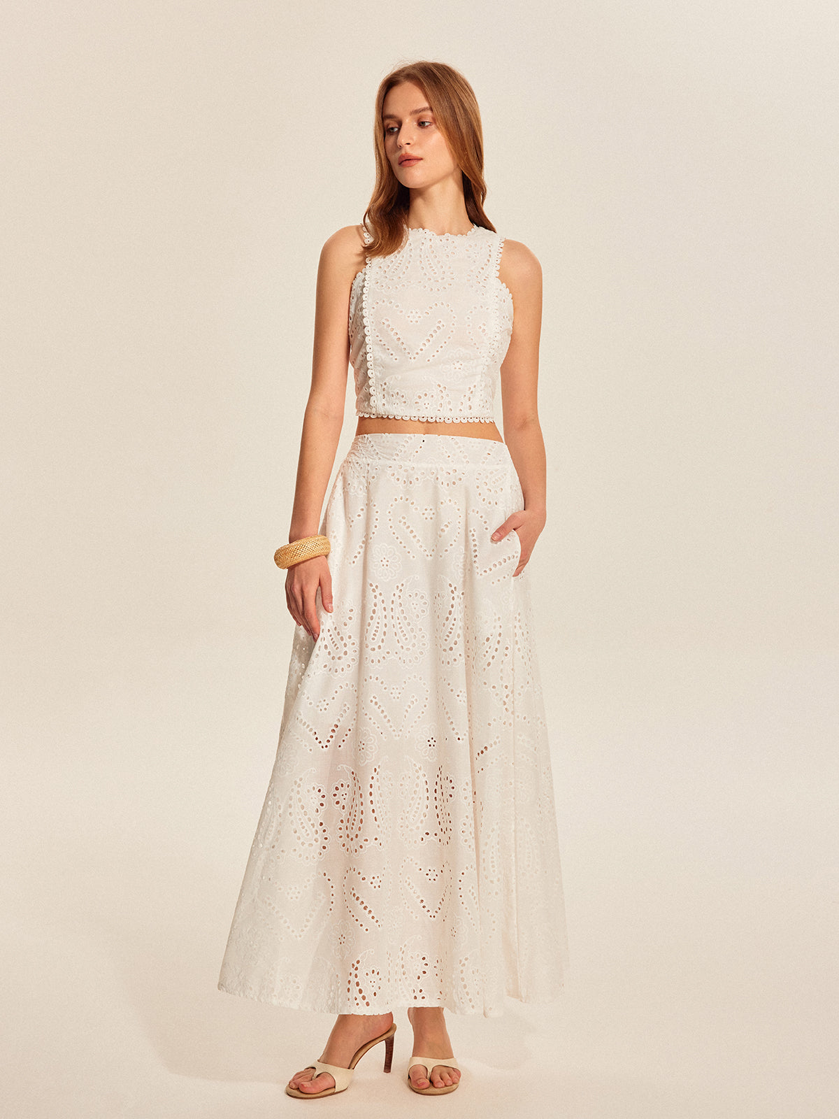 Valenzora | Eyelet Lace Crop Top Skirt Set
