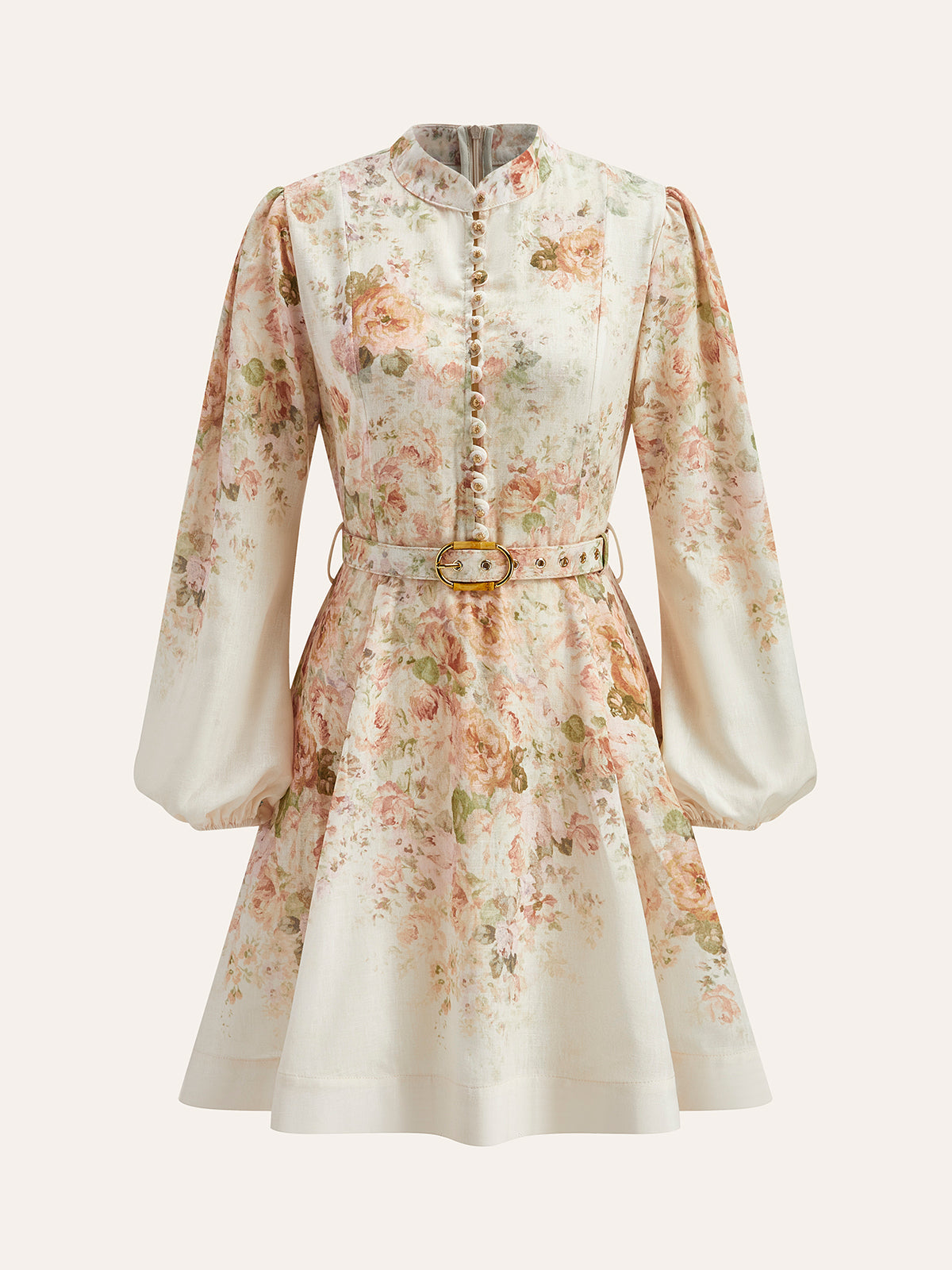 Valenzora | Cotton & Linen Puff Sleeve Floral Belt Dress