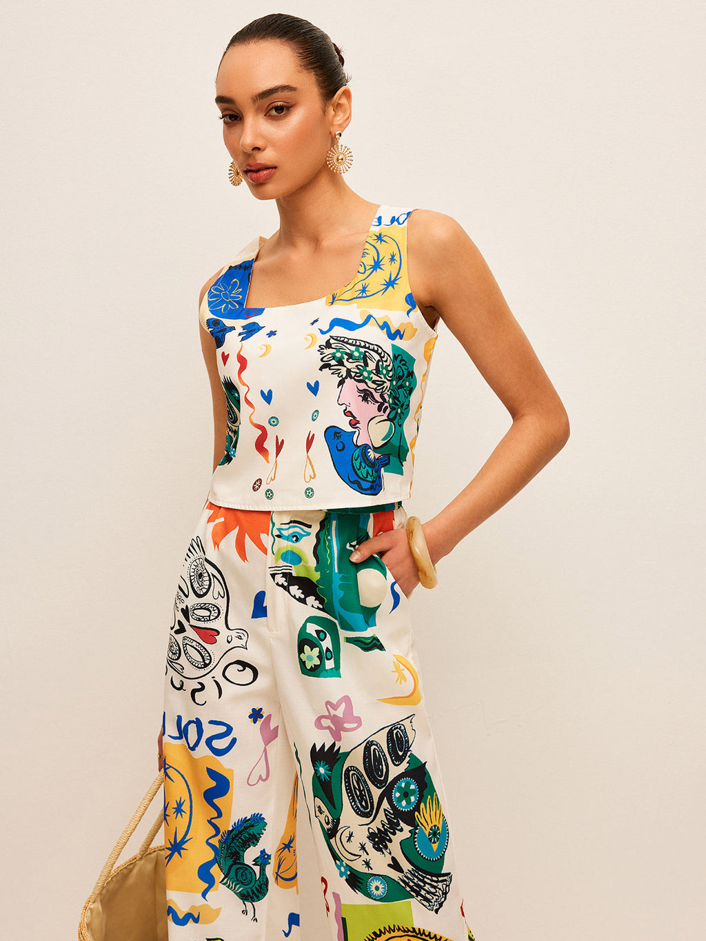 Valenzora | Graphic Print Top with Wide Pants Set