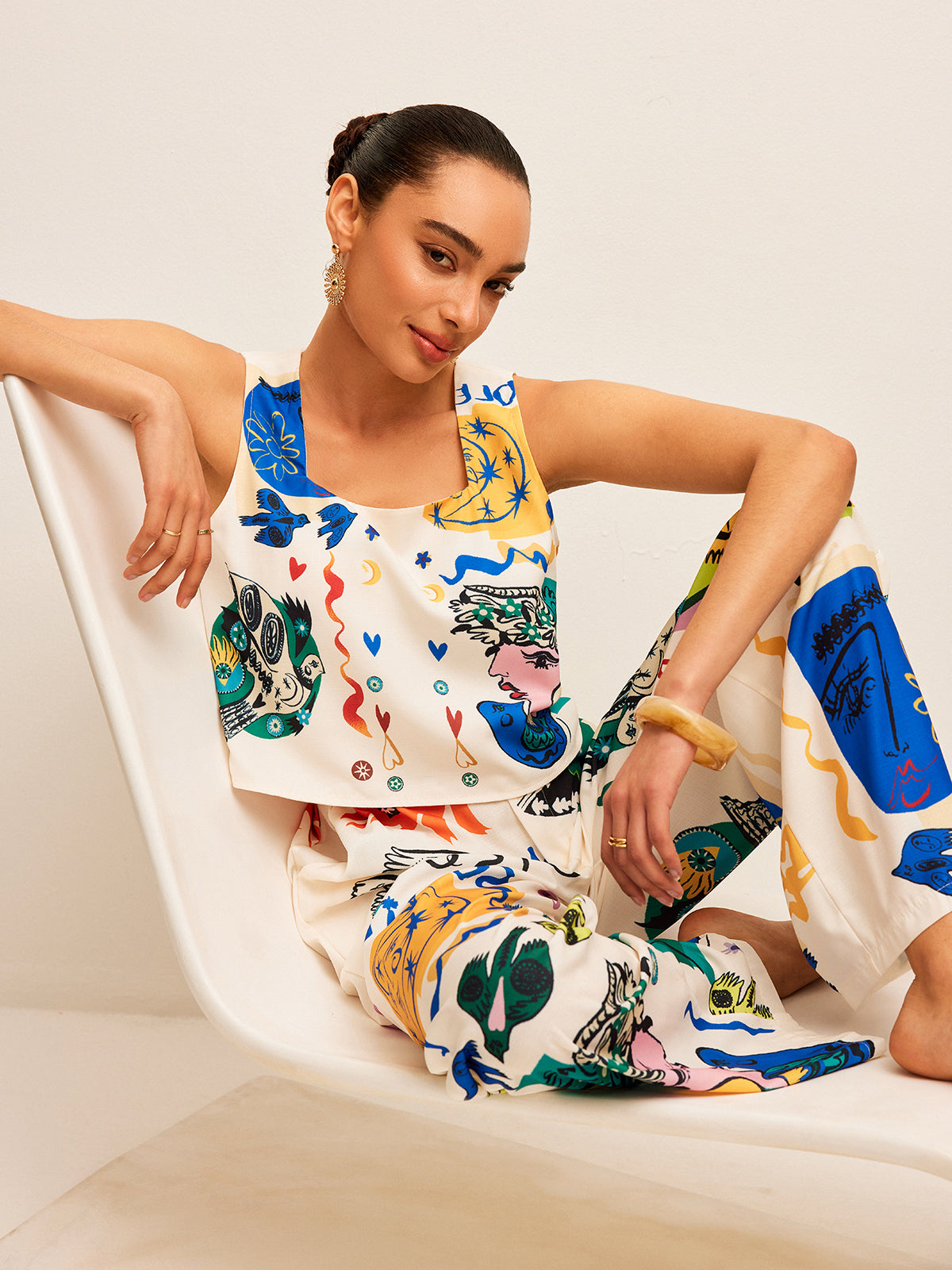 Valenzora | Graphic Print Top with Wide Pants Set