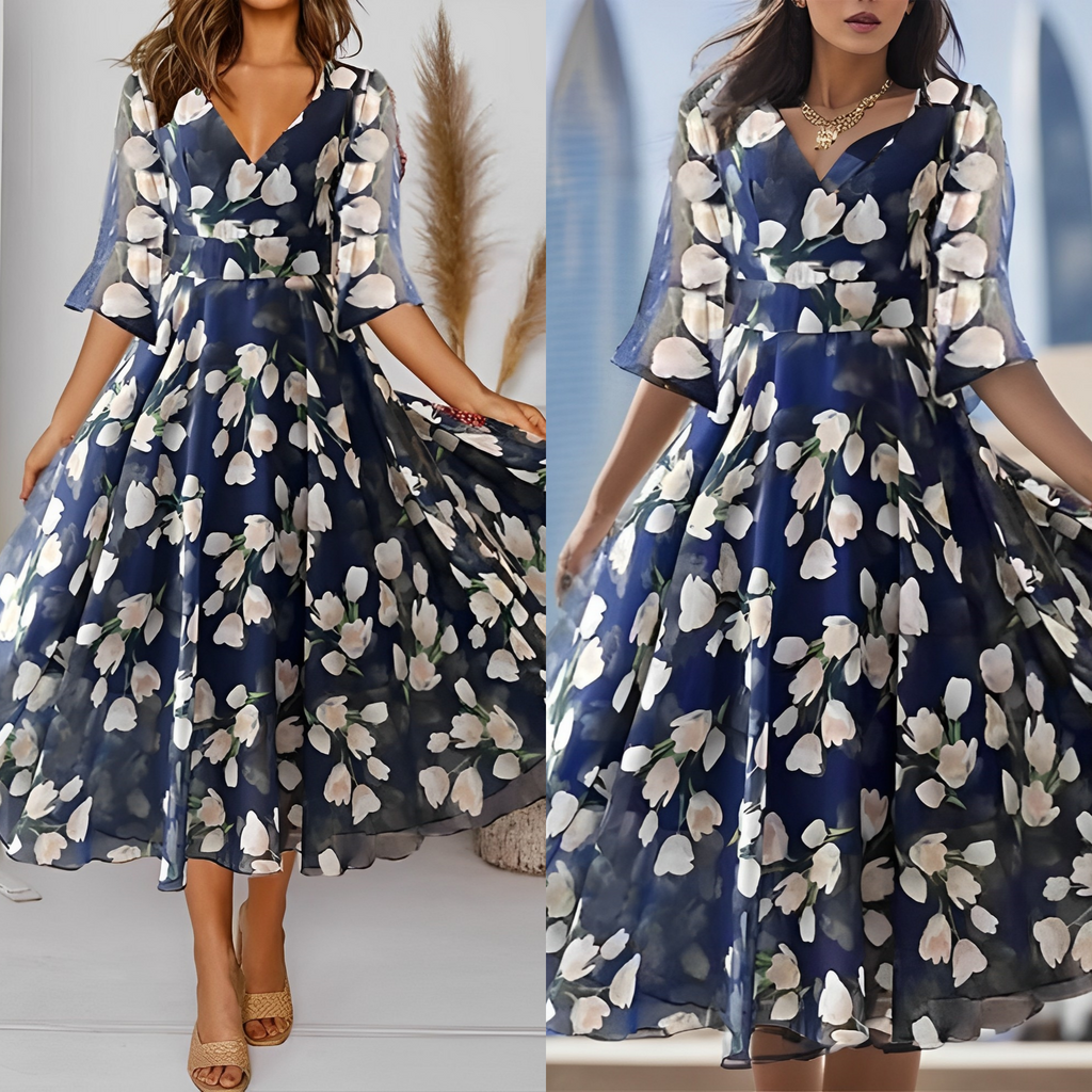 Valenzora | Floral siphonic dress with a wide V-neck