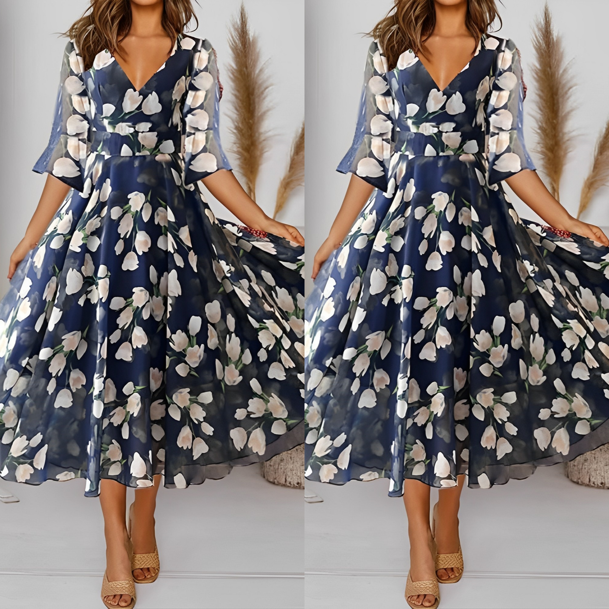 Valenzora | Floral siphonic dress with a wide V-neck