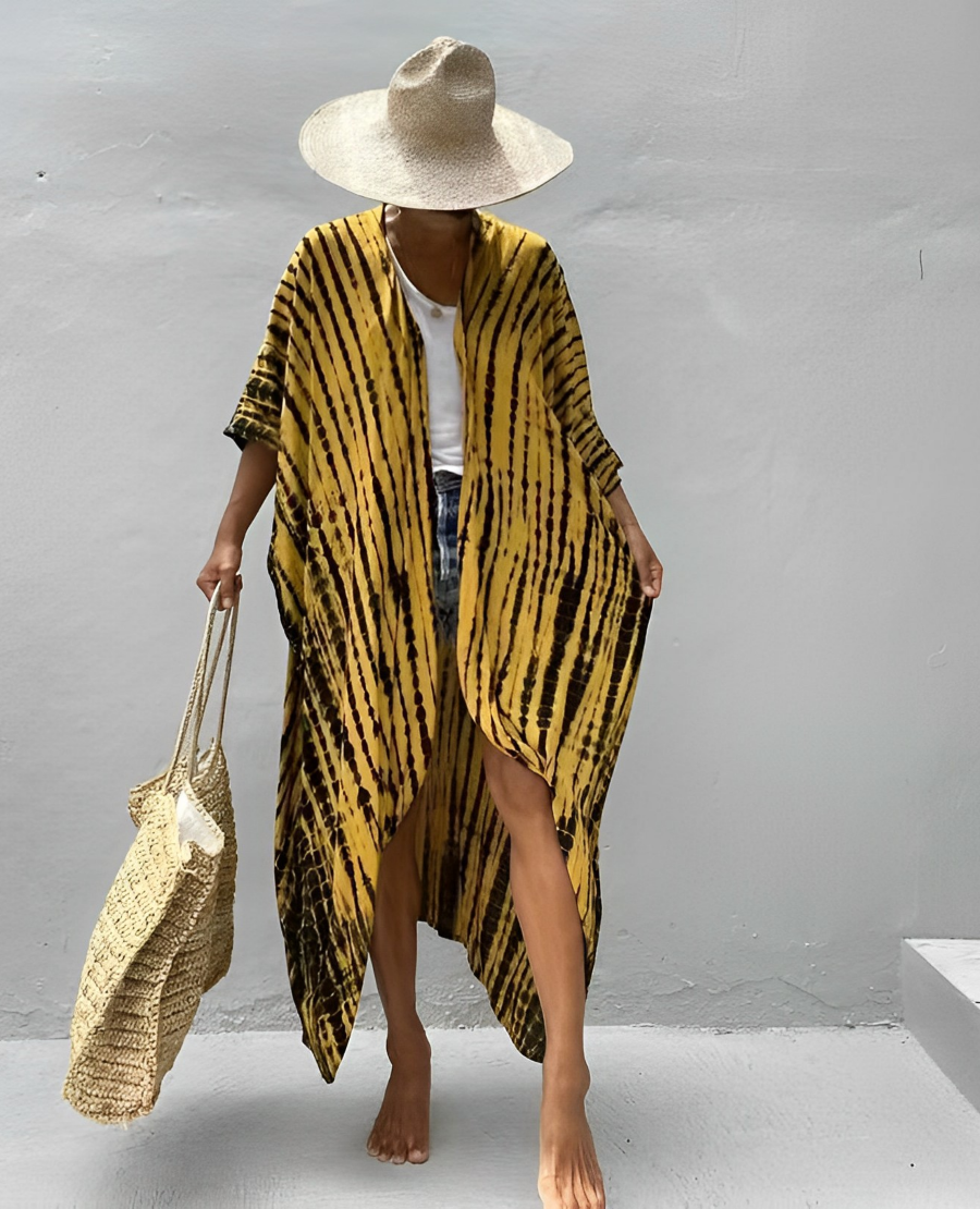 Valenzora Retro Kimono | Long, patterned beach kimono with belt for women
