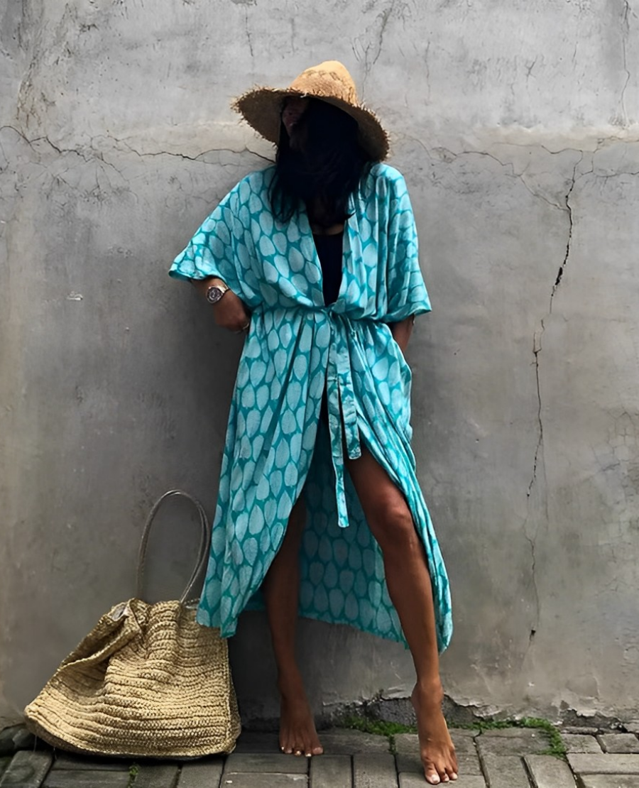Valenzora Retro Kimono | Long, patterned beach kimono with belt for women