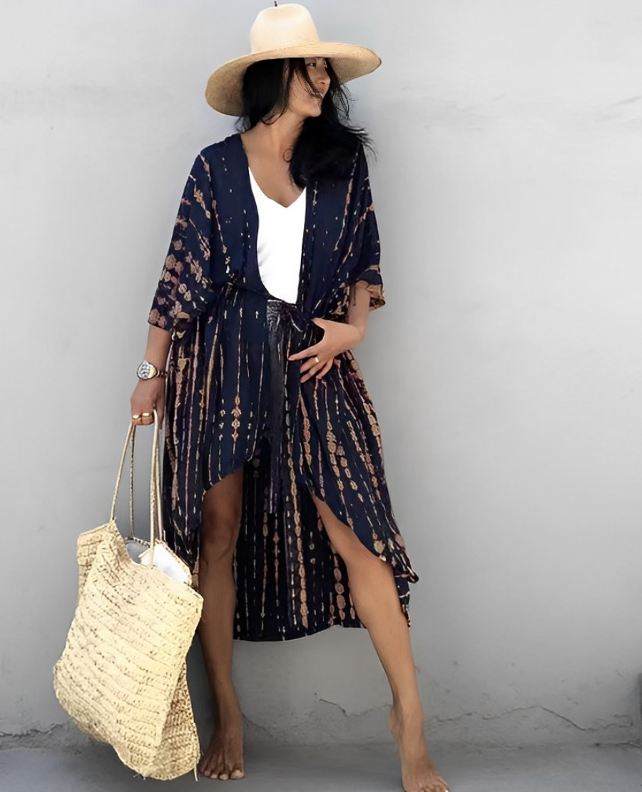 Valenzora Retro Kimono | Long, patterned beach kimono with belt for women