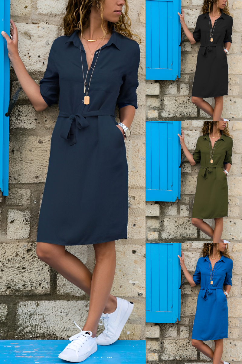 Valenzora | Knee-length dress with pockets and short sleeves
