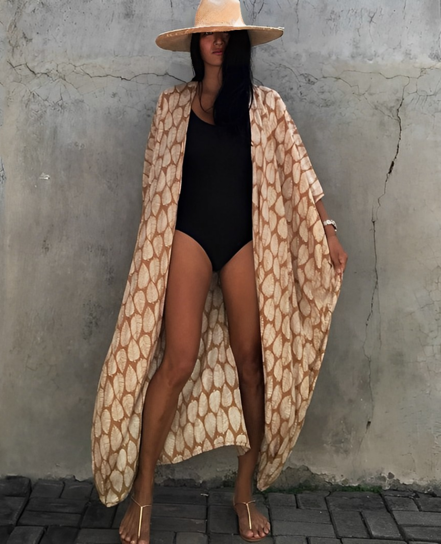 Valenzora Retro Kimono | Long, patterned beach kimono with belt for women