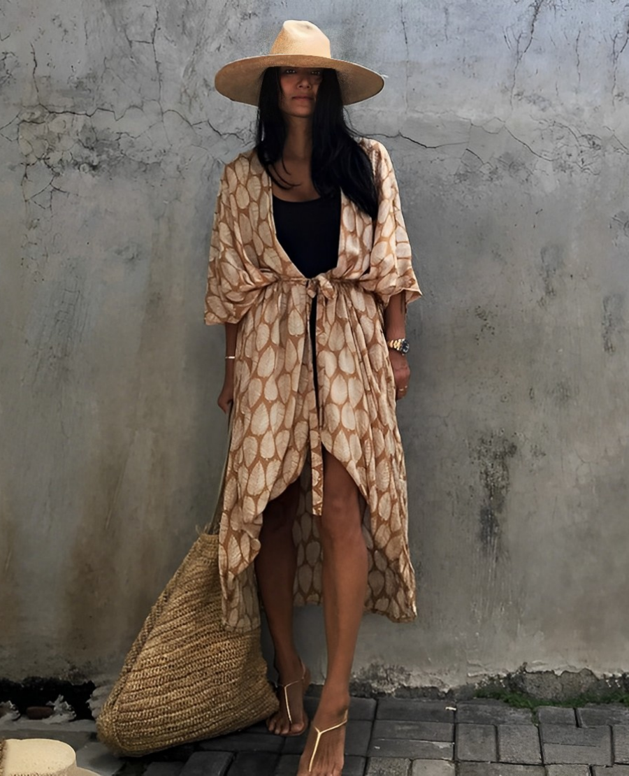 Valenzora Retro Kimono | Long, patterned beach kimono with belt for women