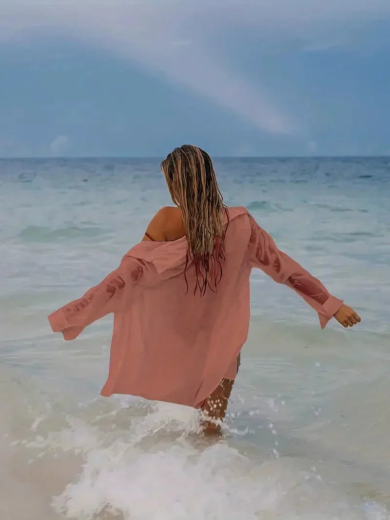 Valenzora | Cover-Up Semi-Transparent Long-Sleeved Linen Shirt Bikini Cover-Up