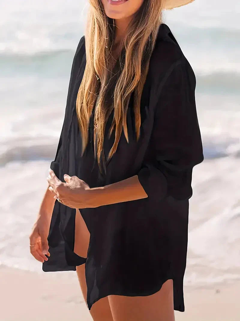 Valenzora | Cover-Up Semi-Transparent Long-Sleeved Linen Shirt Bikini Cover-Up