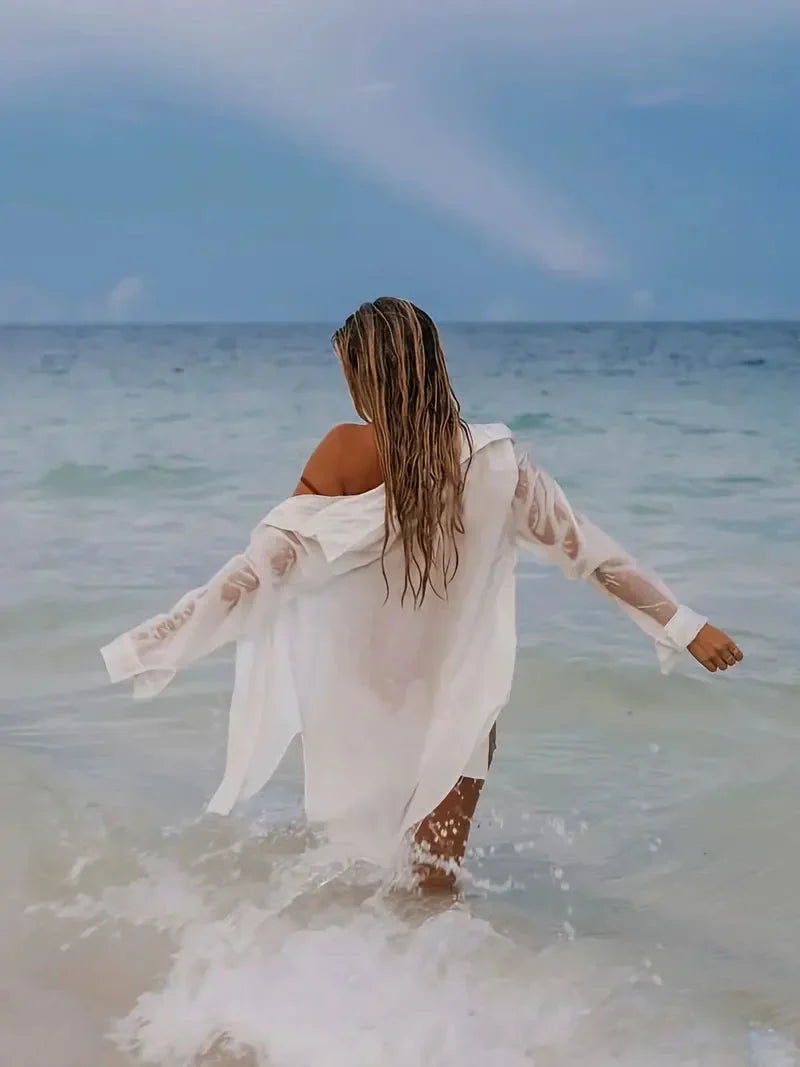 Valenzora | Cover-Up Semi-Transparent Long-Sleeved Linen Shirt Bikini Cover-Up
