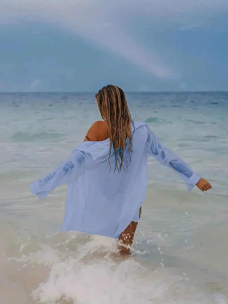 Valenzora | Cover-Up Semi-Transparent Long-Sleeved Linen Shirt Bikini Cover-Up