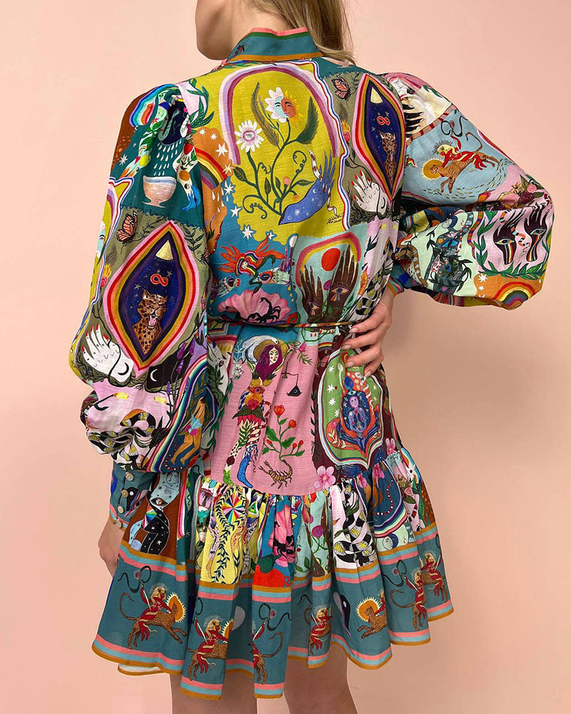 Valenzora | Kleid Laternenärmel Knopfleiste Langarmkleid Minikleid