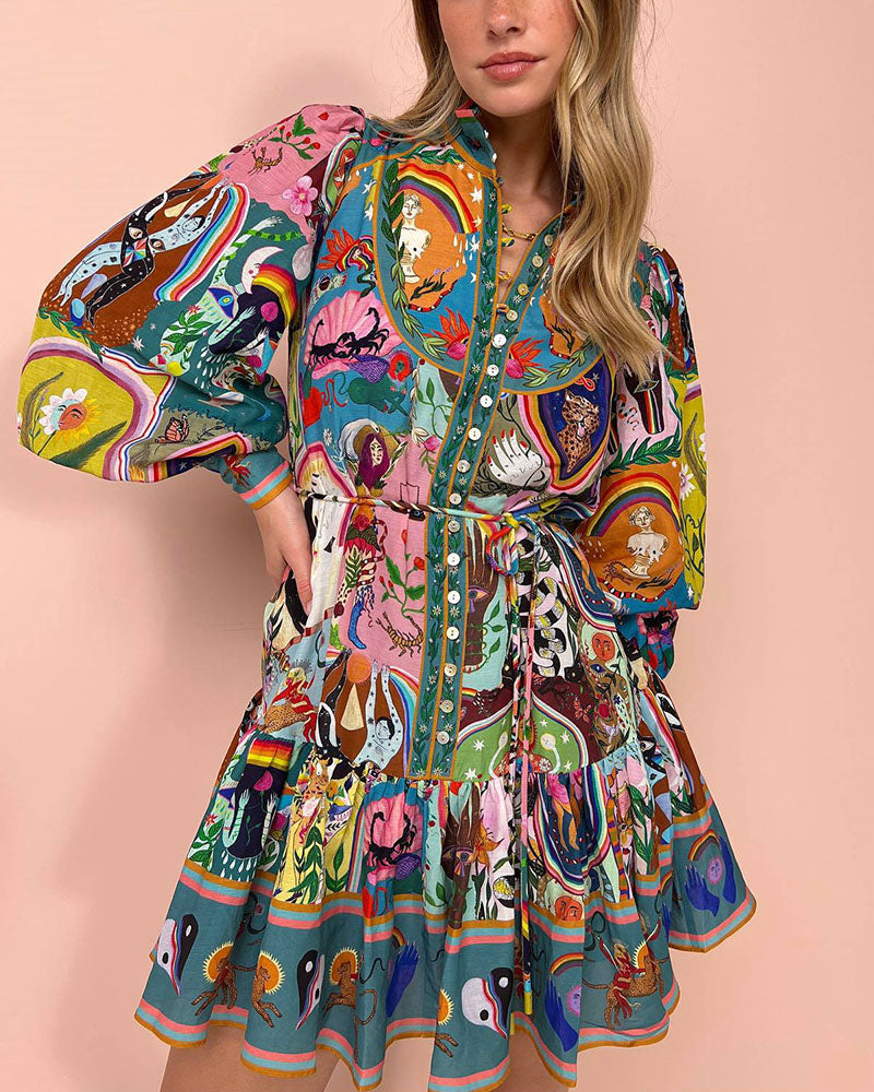 Valenzora | Kleid Laternenärmel Knopfleiste Langarmkleid Minikleid