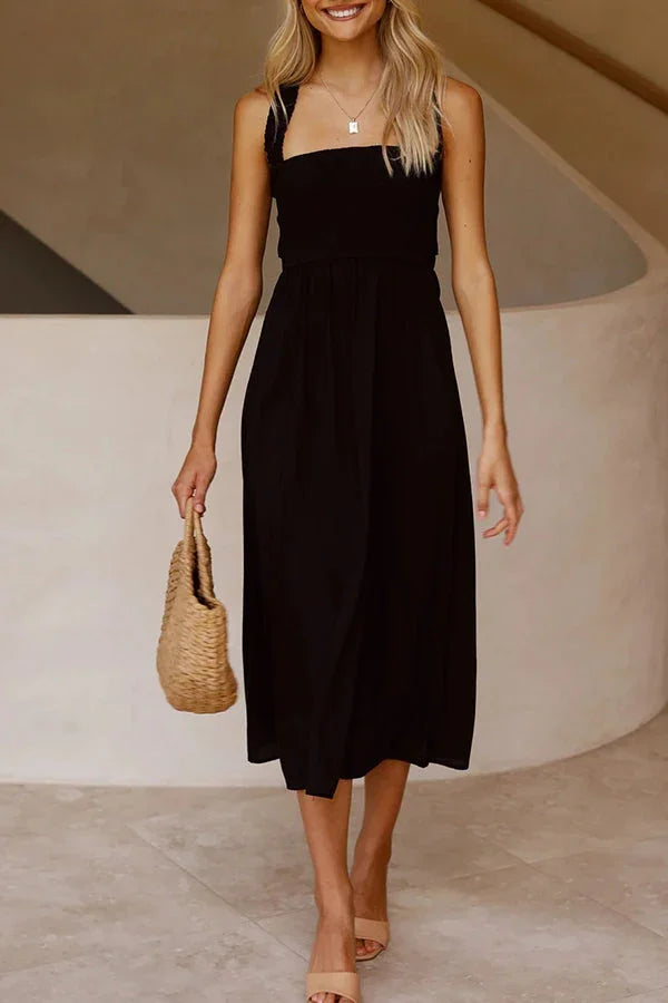 Valenzora | Midi dress with pockets and crossed ruffles on the back