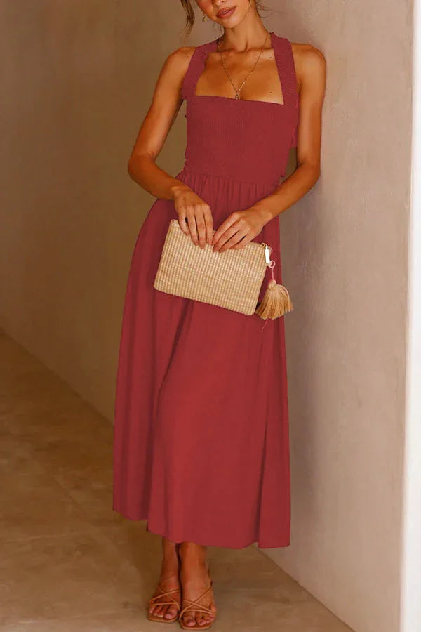 Valenzora | Midi dress with pockets and crossed ruffles on the back
