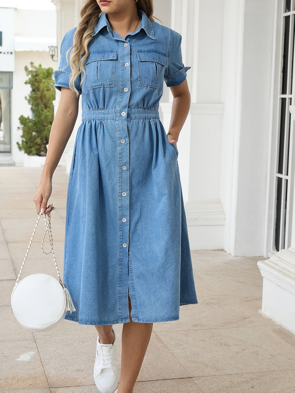 Valenzora | Stylish Denim Midi Dress with Button Closure