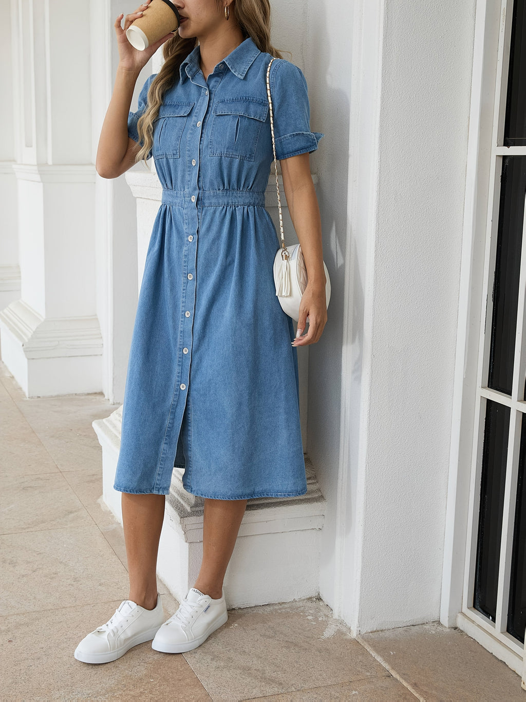 Valenzora | Stylish Denim Midi Dress with Button Closure