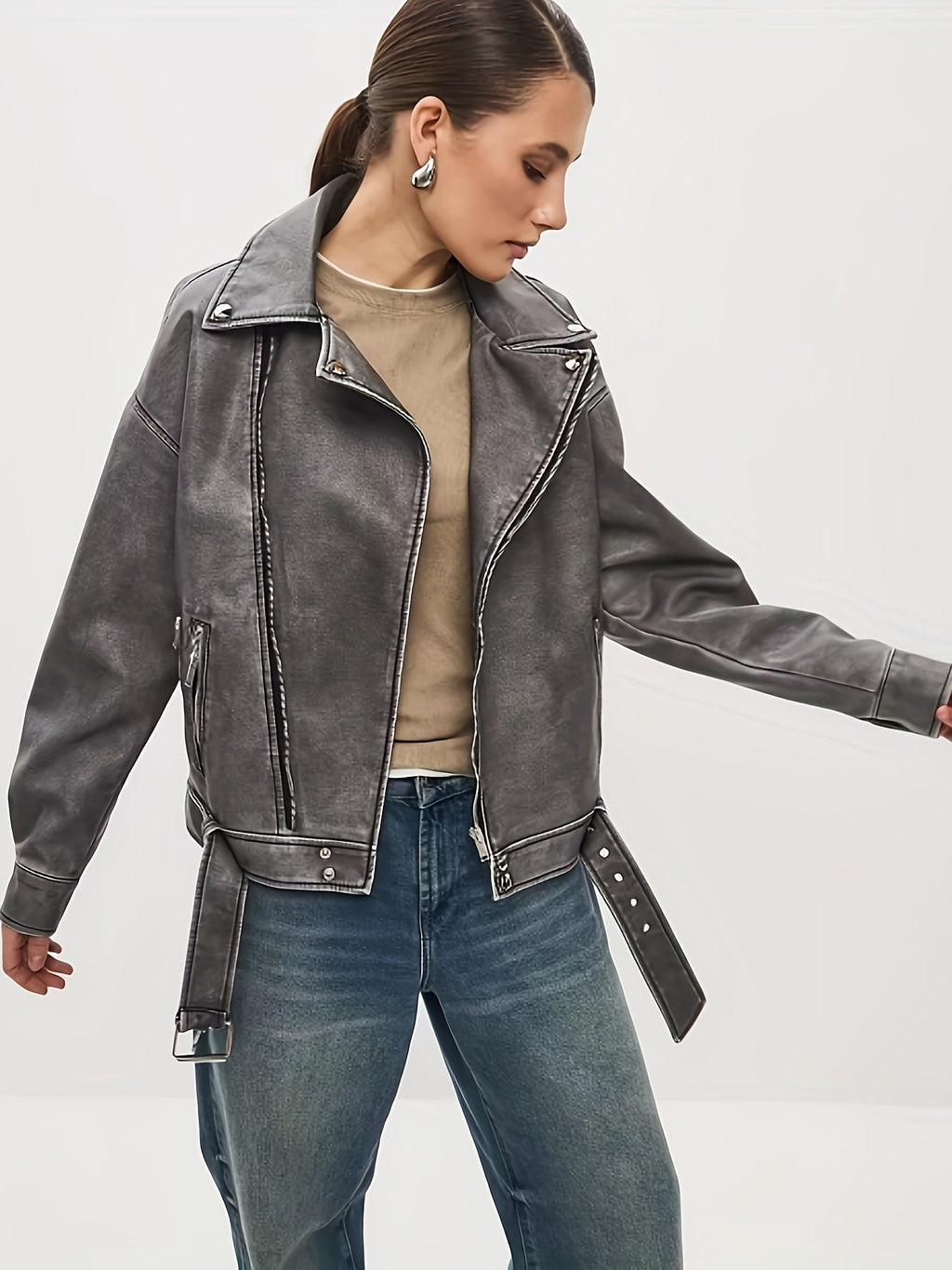 Valenzora | Women's Oversized Leather Jacket with Belt