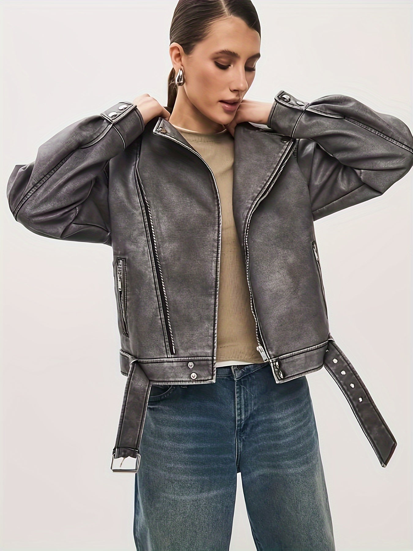 Valenzora | Women's Oversized Leather Jacket with Belt
