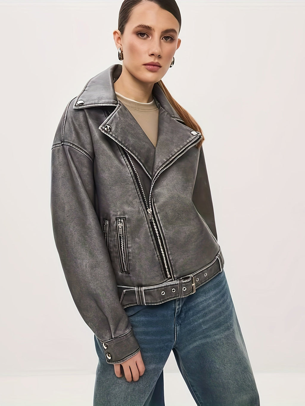 Valenzora | Women's Oversized Leather Jacket with Belt